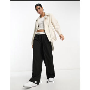 ASOS DESIGN longline oversized faux leather biker jacket in ecru Size 14